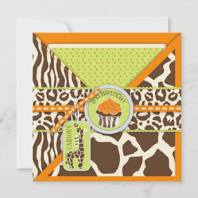 Invitation Orange Safari Giraffe & Cupcake Deuxième anniversa (Devant)