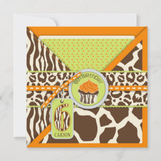 Invitation Orange Safari Poster de animal Cupcake sixième ann