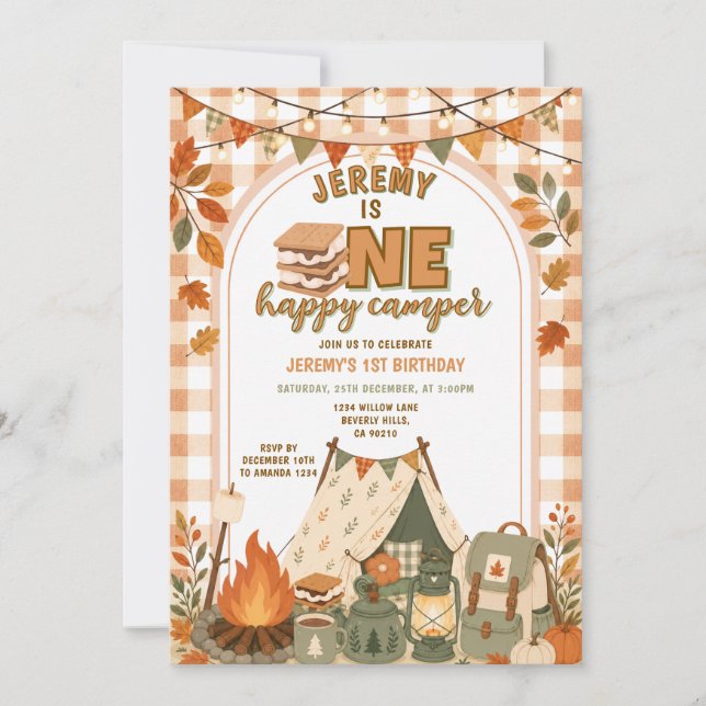 Invitation Orange S'mores Camping Garçon Campériste Fête Ging (Devant)