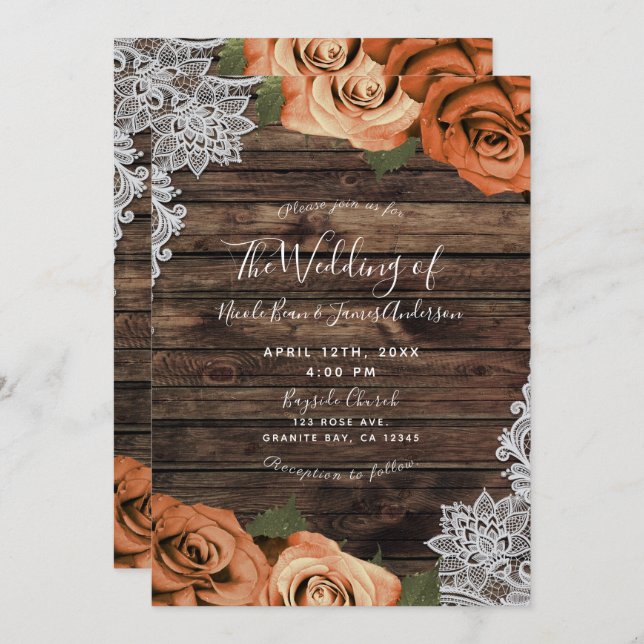 Invitation Orange Spice Floral Rose Rustique Mariage dentelle (Devant / Derrière)