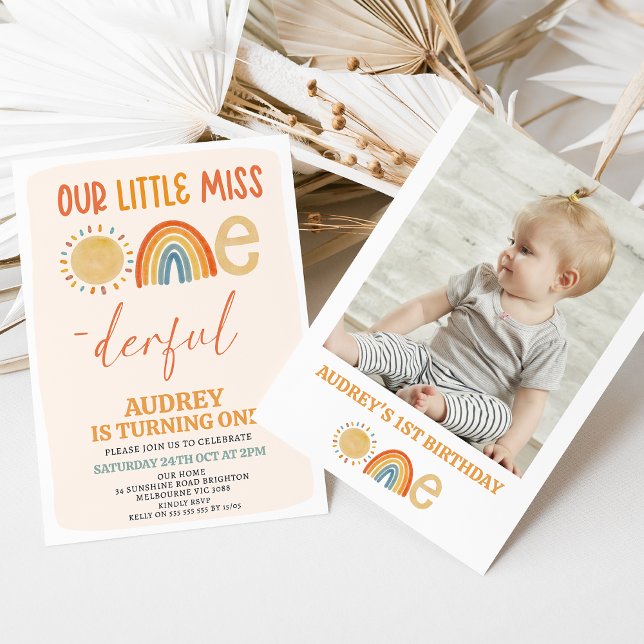 Invitation Orange Sun Rainbow Miss Onederday 1er anniversaire (Our Little Miss Onederful 1st Birthday Invitation Template, Modern Miss Onederful 1st Birthday )