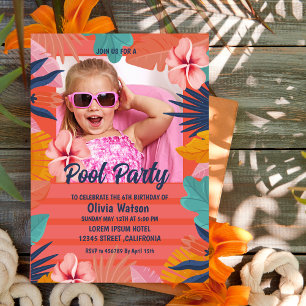 Invitation Orange Tropical Floral Aloha Luau Photo Anniversai