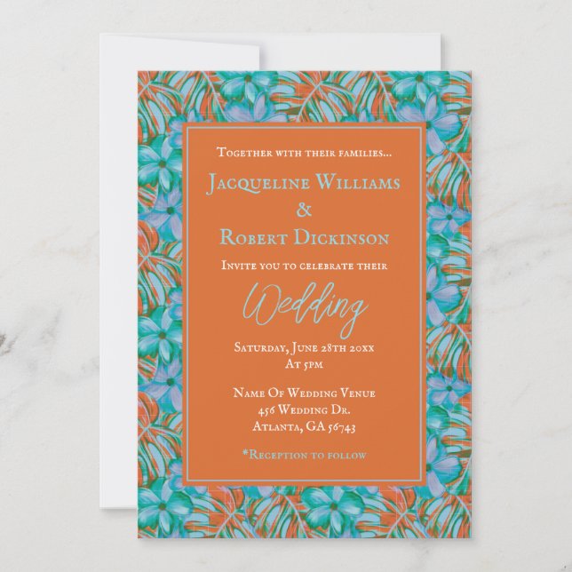 Invitation Orange tropicale et Mariage floral bleu (Devant)