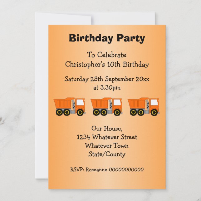 Invitation Orange Truck Design Boy's Birthday Party (Devant)
