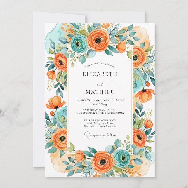 Invitation Orange Turquoise Alluring Summer Wedding (Devant)