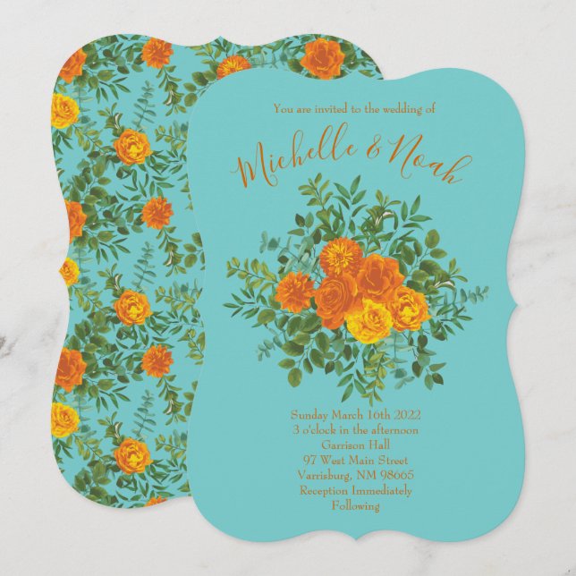 Invitation Orange & Turquoise Aqua Peony & Rose Floral Mariag (Devant / Derrière)
