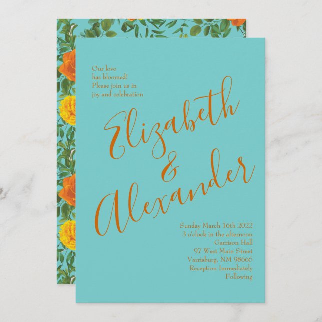 Invitation Orange & Turquoise Aqua Peony & Rose Floral Mariag (Devant / Derrière)