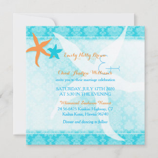Invitation Orange Turquoise Blue Starfish Mariage plage Pair