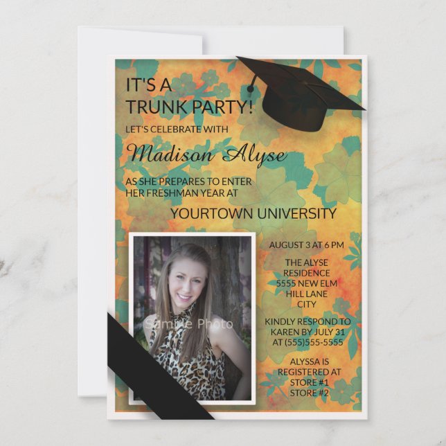 Invitation Orange Turquoise Floral College Trunk Party Photo (Devant)