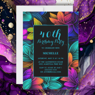 Invitation Orange Turquoise Purple Neon Flowers 40e anniversa