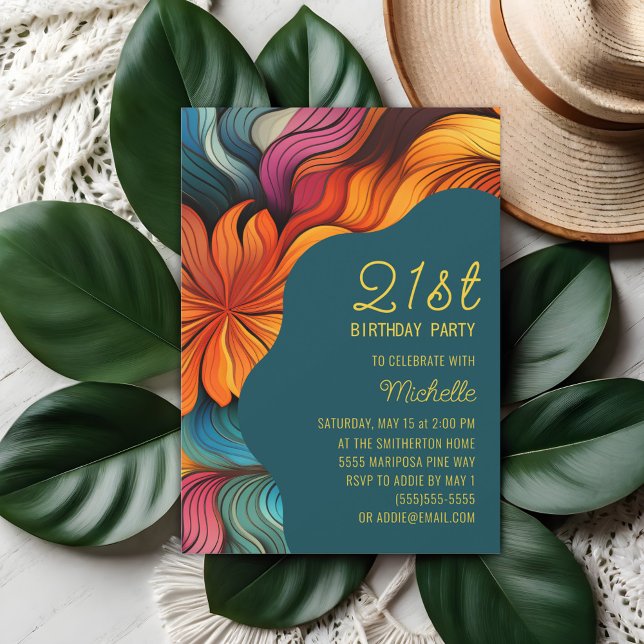 Invitation Orange Turquoise Retro courbes psychédéliques Anni (Orange, teal retro psychadelic curves 21st birthday party invitation)