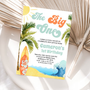 Invitation Orange Turquoise Surf Vague Big One 1er anniversai