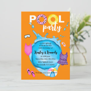 Invitation Orange Twins Pool Party Anniversaire Splash Leopar