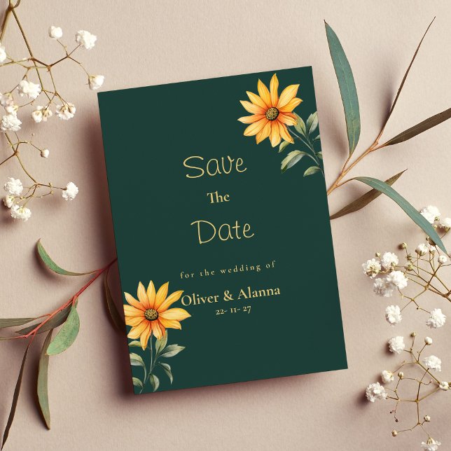 Invitation Orange vert or tournesol floral Enregistrer la dat (Orange green gold sunflower floral Save The Date )