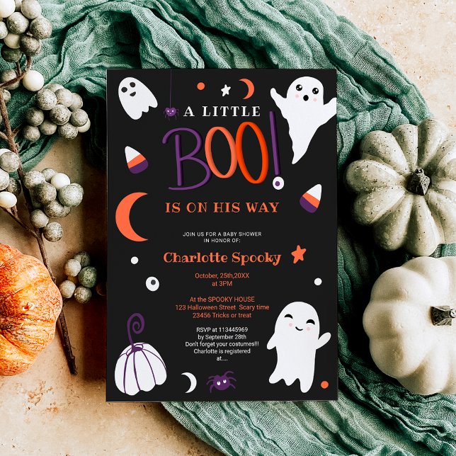Invitation Orange violet non éffrayant baby shower de boite H (Purple orange not spooky Halloween boo baby shower Invitation)