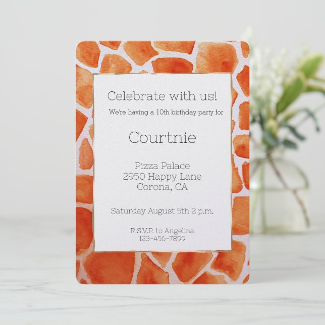 Invitation Orange Watercolor Giraffe Imprimer Anniversaire (Debout devant)