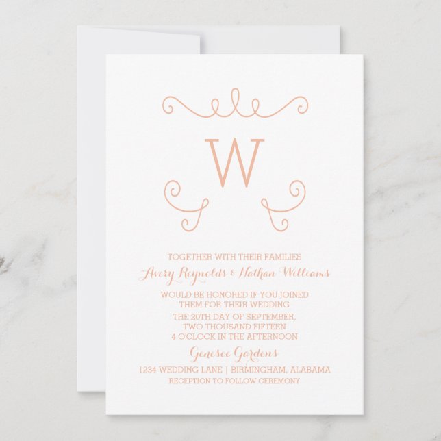 Invitation Orange Whimsical Flourish Monogramme Mariage Invit (Devant)