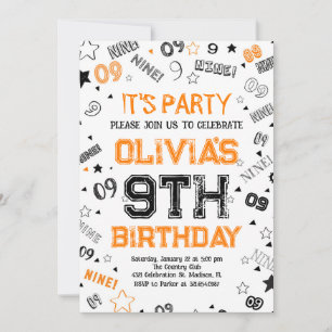 Invitation Orange White Boy Numéro Neuf Anniversaire