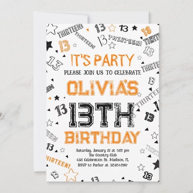 Invitation Orange White Boy Numéro Treize Anniversaire (Devant)