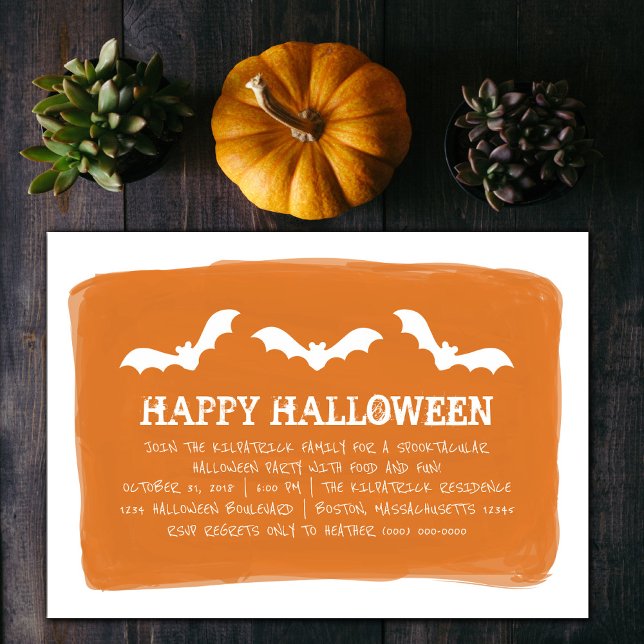 Invitation Orange White Watercolor Bats Halloween Party (Orange and White Watercolor Bats Halloween Party Invite)