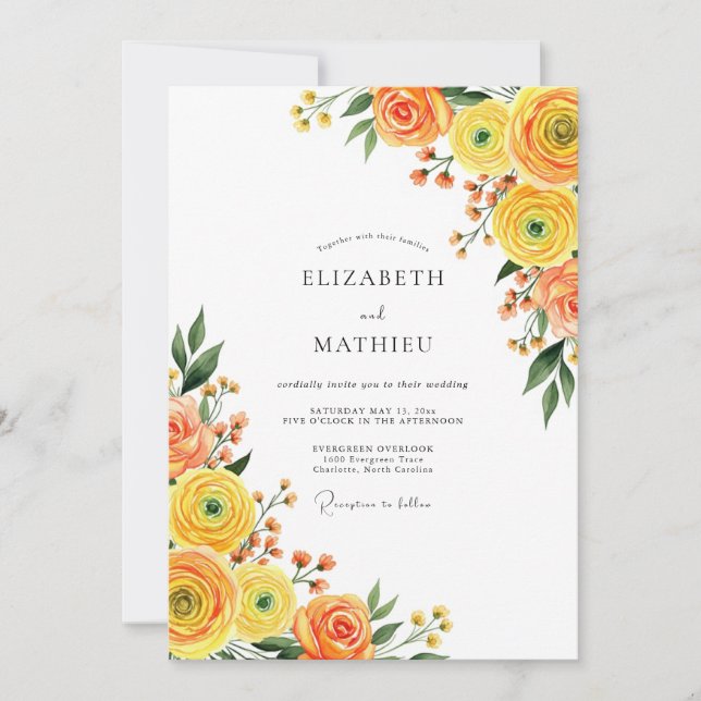 Invitation Orange Yellow Bloom Romance Wedding (Devant)