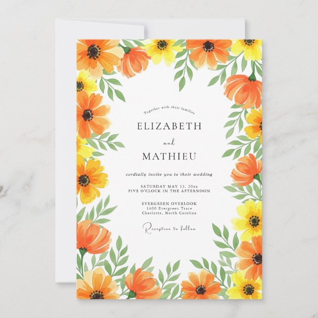 Invitation Orange Yellow Floral Whimsy Wedding (Devant)