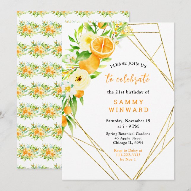 Invitation Oranges and Flowers Birthday (Devant / Derrière)