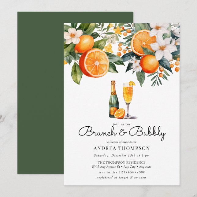Invitation Oranges Aquarelle | Réception de Brunch (Devant / Derrière)