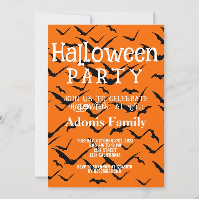 Invitation Oranges Chauve-Souris Noires pour Fête Moderne de  (Devant)