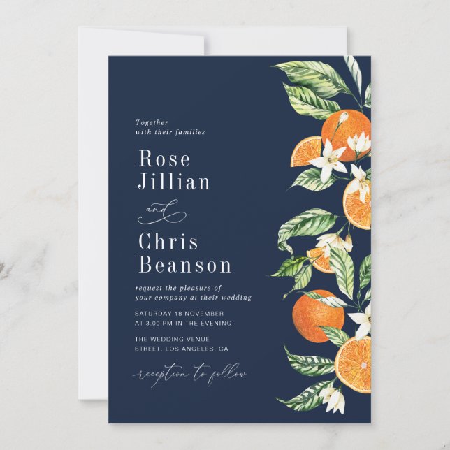 Invitation Oranges Citrus Marine bleu Mariage Floral (Devant)