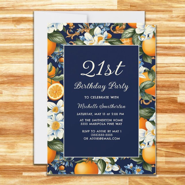 Invitation Oranges de tout âge Fleurs blanches Anniversaire B (Oranges and white blooms on navy blue birthday party invitation for any age)