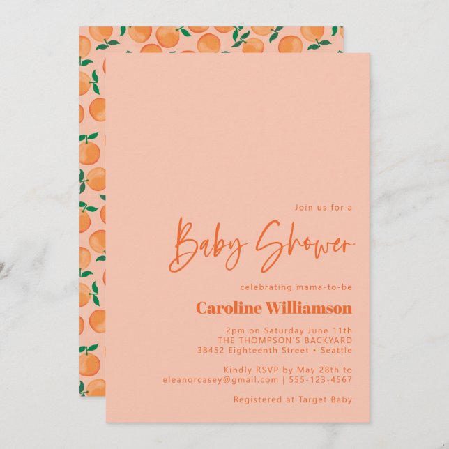 Invitation Oranges d'été Fruit Aquarelle Baby shower rose (Devant / Derrière)