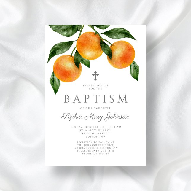 Invitation Oranges élégantes Botanique Girl Baptême (Elegant Oranges Botanical Girl Baptism Invitation)