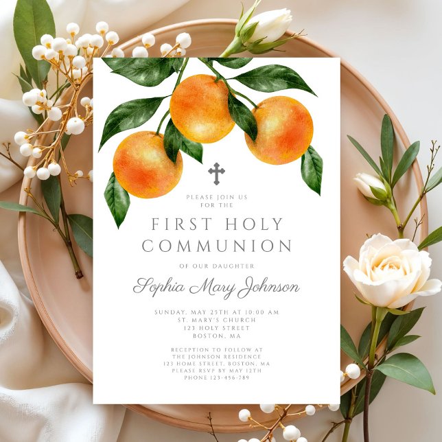 Invitation Oranges Élégantes Fille Première Sainte Communion (Elegant Oranges Girl First Holy Communion Invitation)