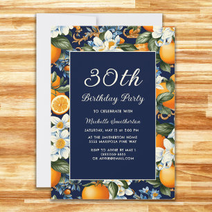 Invitation Oranges Fleurs Blanches Bleu Marine 30e Anniversai