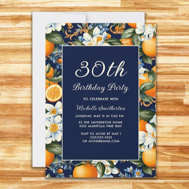 Invitation Oranges Fleurs Blanches Bleu Marine 30e Anniversai (Créateur téléchargé)