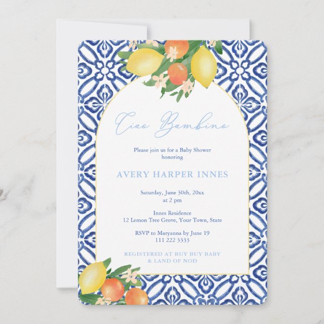 Invitation Oranges italiennes et citrons Baby Boy Shoy Party (Devant)