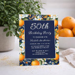 Invitation Oranges White Flowers Navy Blue 50th Birthday<br><div class="desc">Celebrate a golden milestone with timeless elegance using this navy blue and orange floral 50th birthday party invitation. Designed with a rich deep-blue background and framed by vibrant oranges, lush green foliage, and soft white florals, this invitation blends classic sophistication with a fresh, joyful aesthetic. Graceful script typography highlights the...</div>
