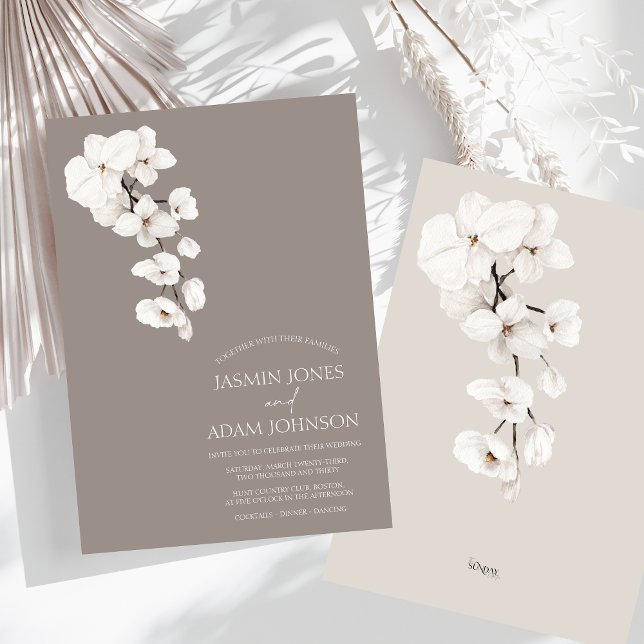 Invitation Orchid blanc gris moderne Mariage élégant (Modern Gray White Orchids Wedding Invitation)