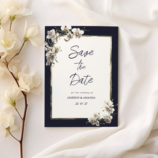 Invitation Orchidée blanche bleu marine de luxe Enregistrer l (Luxury navy blue gold white orchid Save The Date)
