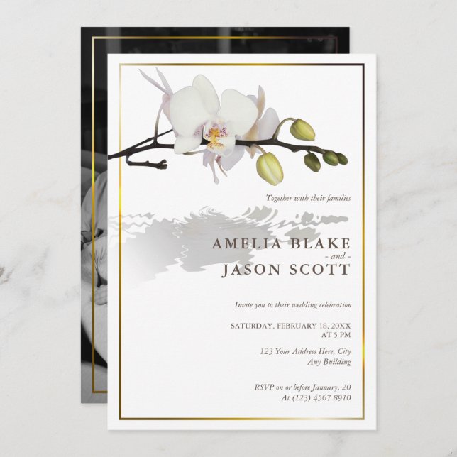 Invitation Orchidée blanche | Cadre Or | Mariage photo (Devant / Derrière)