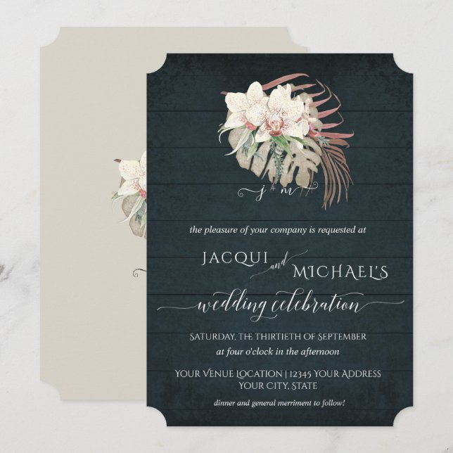 Invitation Orchidée Blanche Floral Boho BOHO Bleu Nuit Tropic (Devant / Derrière)