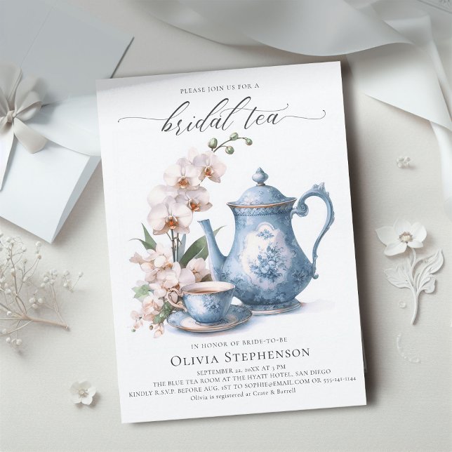 Invitation Orchidée Blanche Hampton Toile Bleue Douche à thé  (bridal tea party white orchid elegant modern classic watercolor romantic sophisticated classy blue)