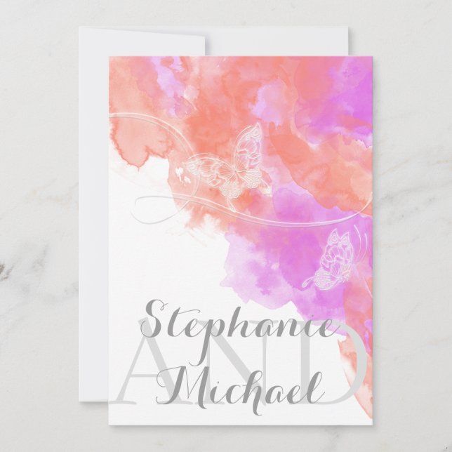 Invitation Orchidée corail Aquarelle Papillon Mariage Bliss (Devant)