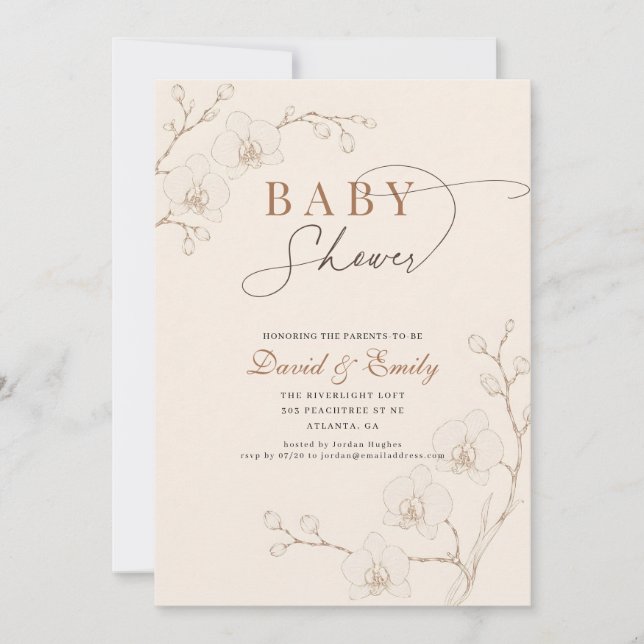 Invitation Orchidée élégante blanche Fleurir Shower de bébé f (Devant)