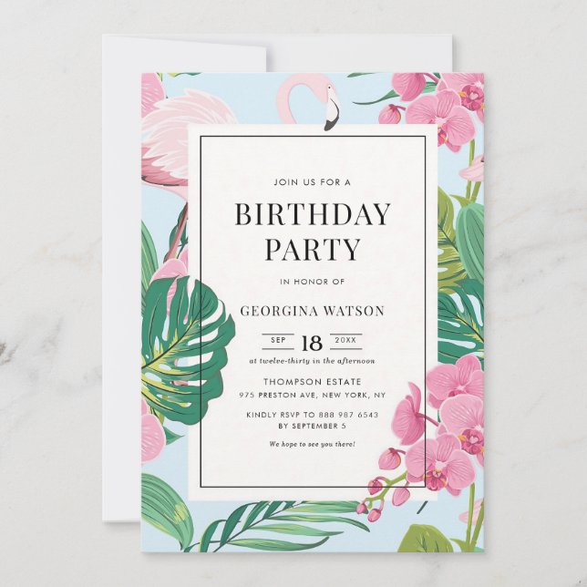 Invitation Orchidée flamant rose Anniversaire tropical (Devant)