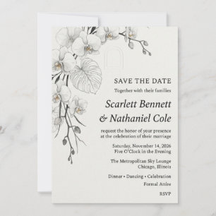 Invitation Orchidée monochrome, feuille de Monstera, motif d'