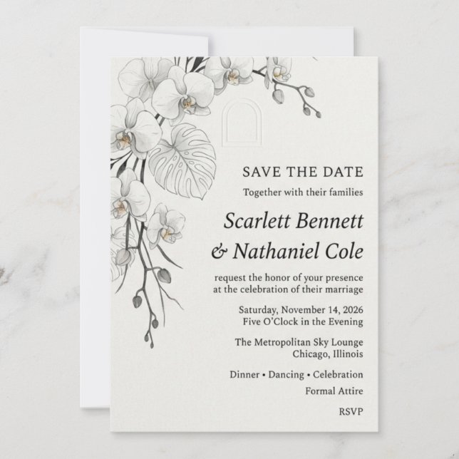 Invitation Orchidée monochrome, feuille de Monstera, motif d' (Devant)