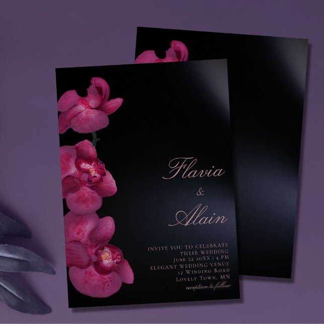 Invitation Orchidée pourpre Moody Dark Calligraphy Mariage ch (Créateur téléchargé)