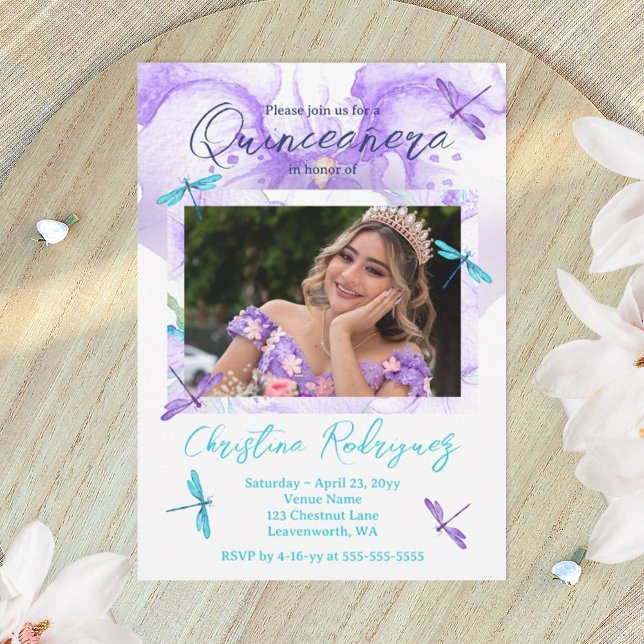 Invitation Orchidée pourpre, Turquoise, libellules Quinceaner (dragonflies quinceanera invitation template, purple and turquoise mis quince anos)